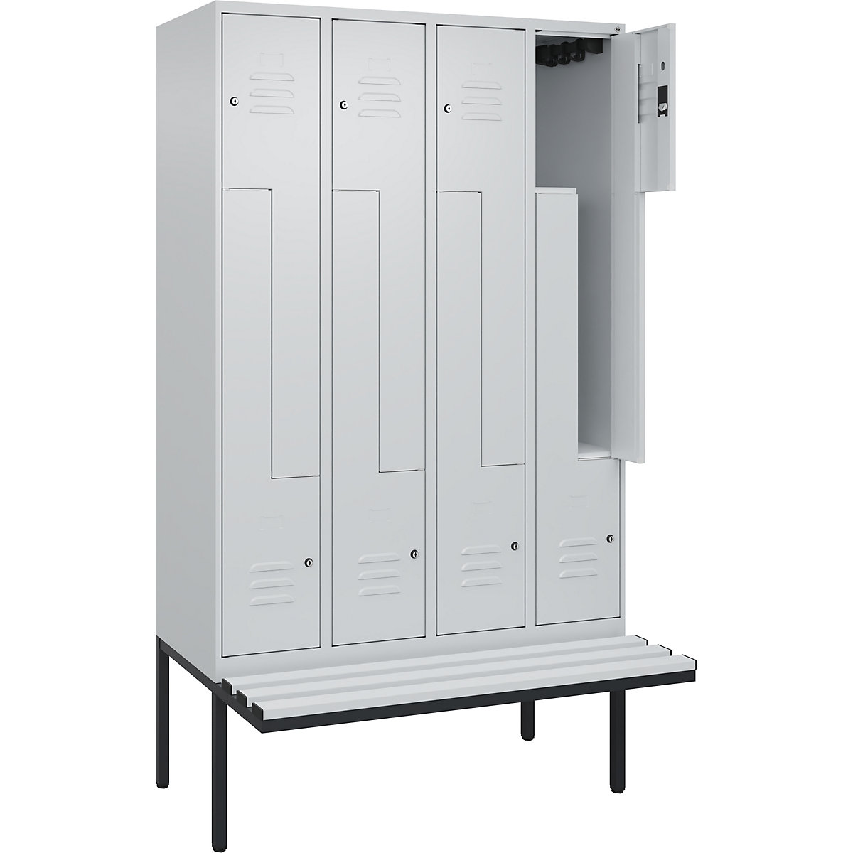Armadietto a Z Classic PLUS con panca – C+P, 4 scomparti, grigio chiaro, largh. 1200 mm, serratura a cilindro, panca sporgente, plastica-0