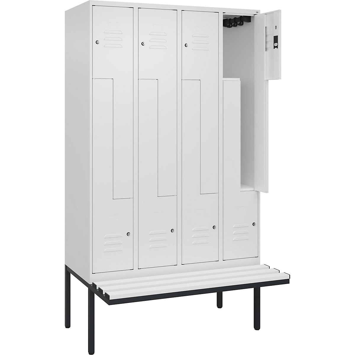 Armadietto a Z Classic PLUS con panca – C+P, 4 scomparti, bianco traffico, largh. 1200 mm, serratura a cilindro, panca sporgente, plastica-0