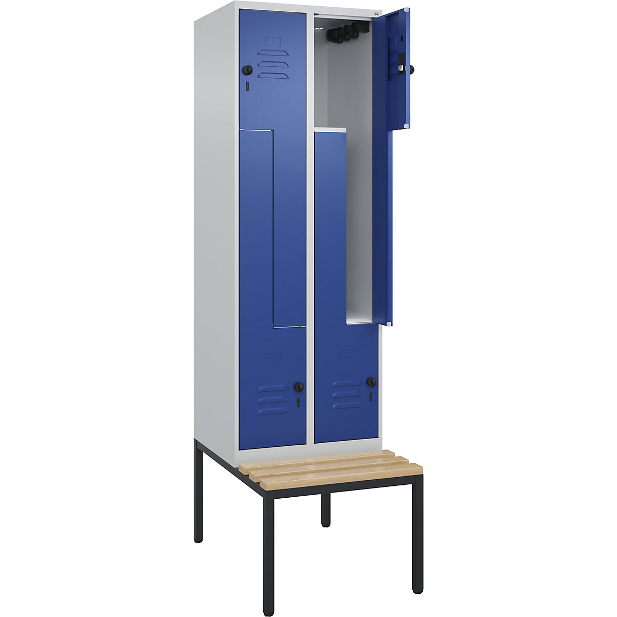 Armadietto a Z Classic PLUS con panca – C+P, 2 scomparti, grigio chiaro / blu genziana, largh. 600 mm, serratura girevole di sicurezza, panca integrata, legno duro di faggio-0