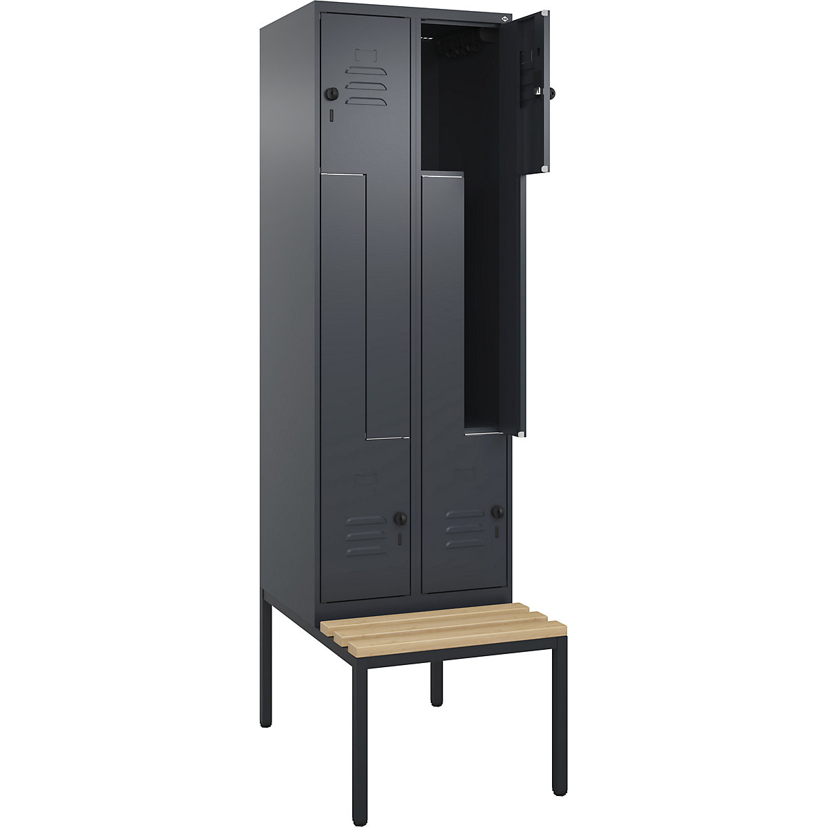 Armadietto a Z Classic PLUS con panca – C+P, 2 scomparti, grigio, largh. 600 mm, serratura girevole di sicurezza, panca integrata, legno duro di faggio-0