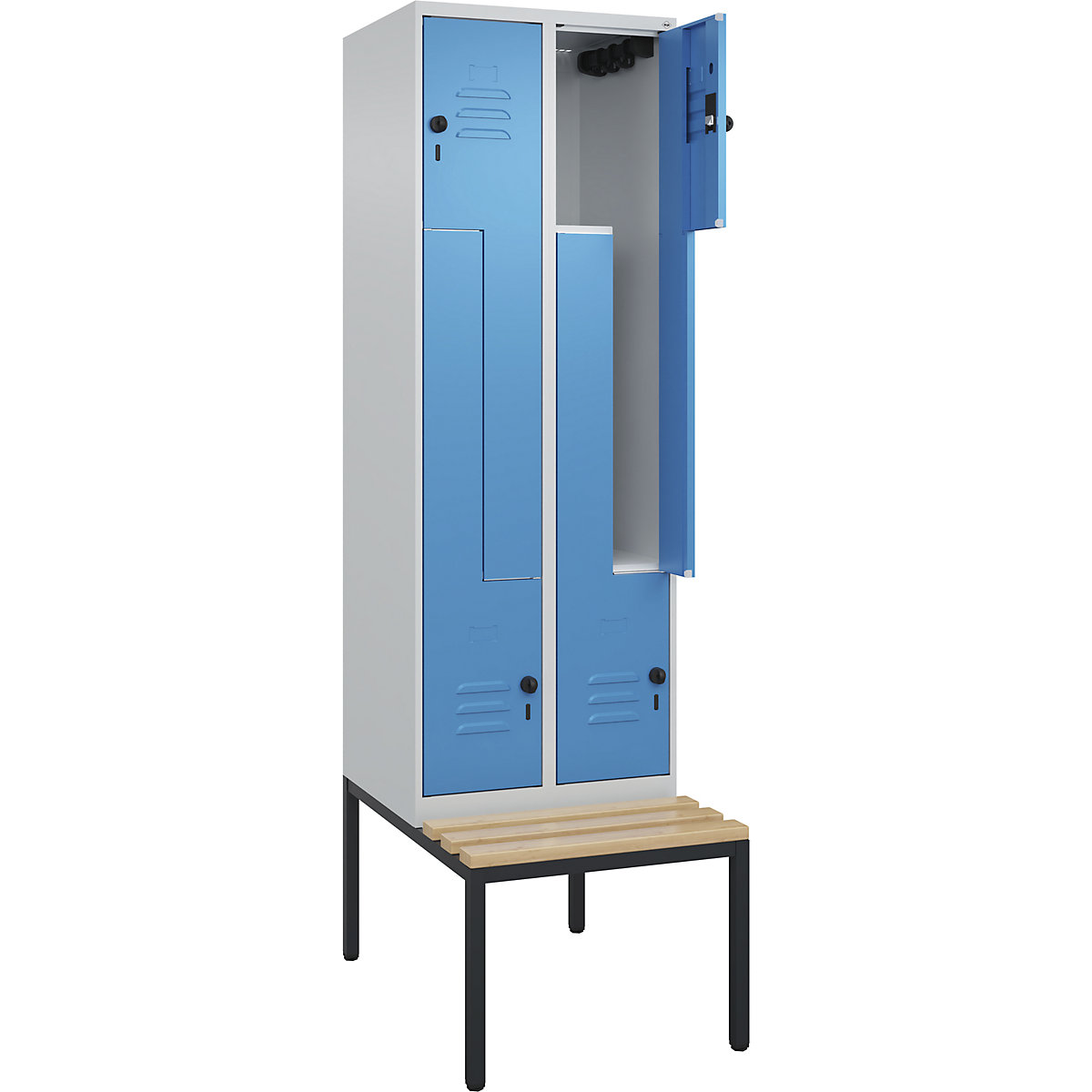 Armadietto a Z Classic PLUS con panca – C+P, 2 scomparti, grigio chiaro / blu chiaro, largh. 600 mm, serratura girevole di sicurezza, panca integrata, legno duro di faggio-0
