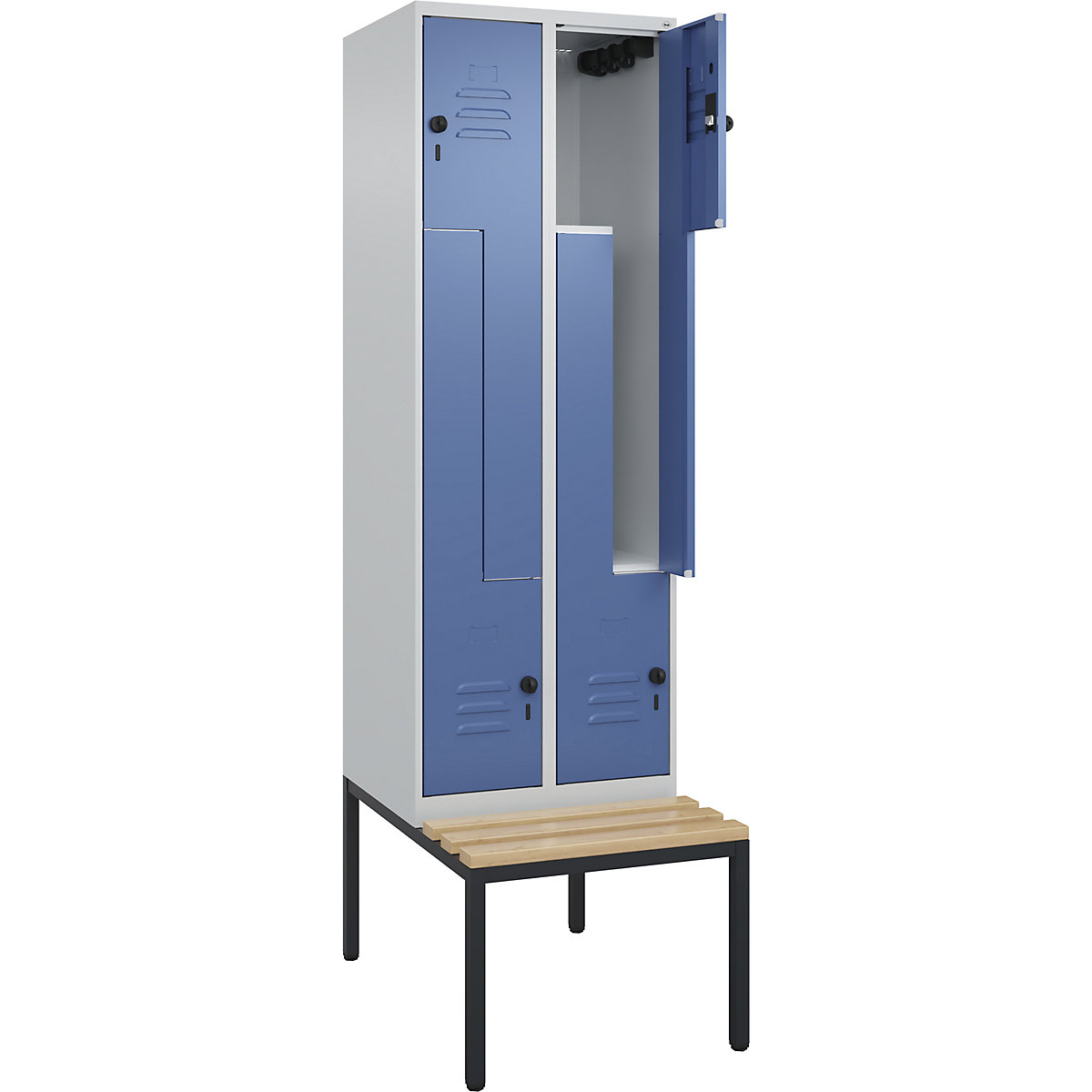 Armadietto a Z Classic PLUS con panca – C+P, 2 scomparti, grigio chiaro / indaco, largh. 600 mm, serratura girevole di sicurezza, panca integrata, legno duro di faggio-0