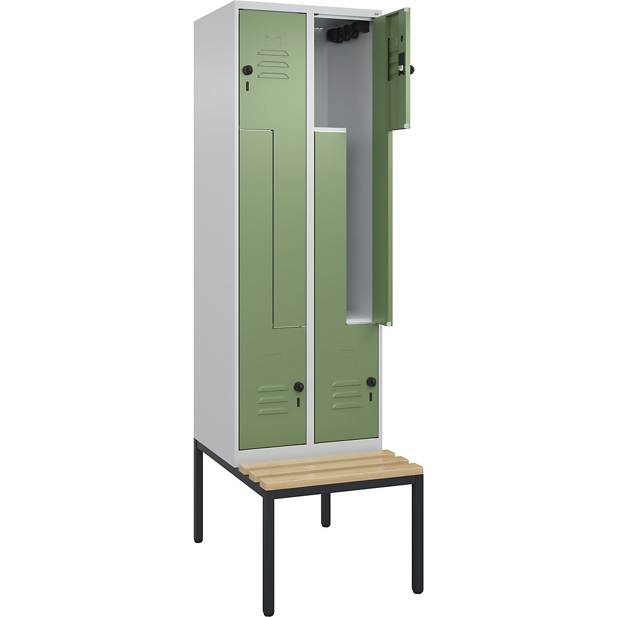 Armadietto a Z Classic PLUS con panca – C+P, 2 scomparti, grigio chiaro / verde reseda, largh. 600 mm, serratura girevole di sicurezza, panca integrata, legno duro di faggio-0