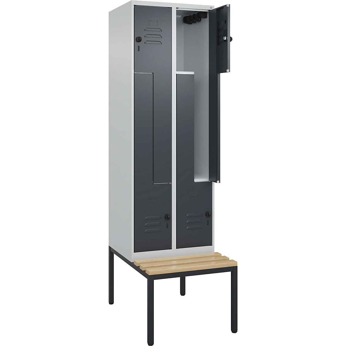 Armadietto a Z Classic PLUS con panca – C+P, 2 scomparti, grigio chiaro / grigio, largh. 600 mm, serratura girevole di sicurezza, panca integrata, legno duro di faggio-0