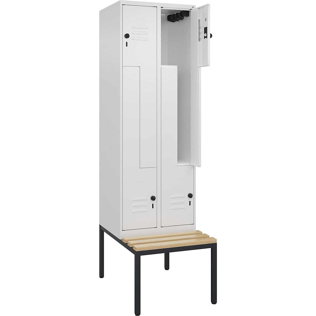 Armadietto a Z Classic PLUS con panca – C+P, 2 scomparti, bianco traffico, largh. 600 mm, serratura girevole di sicurezza, panca integrata, legno duro di faggio-0
