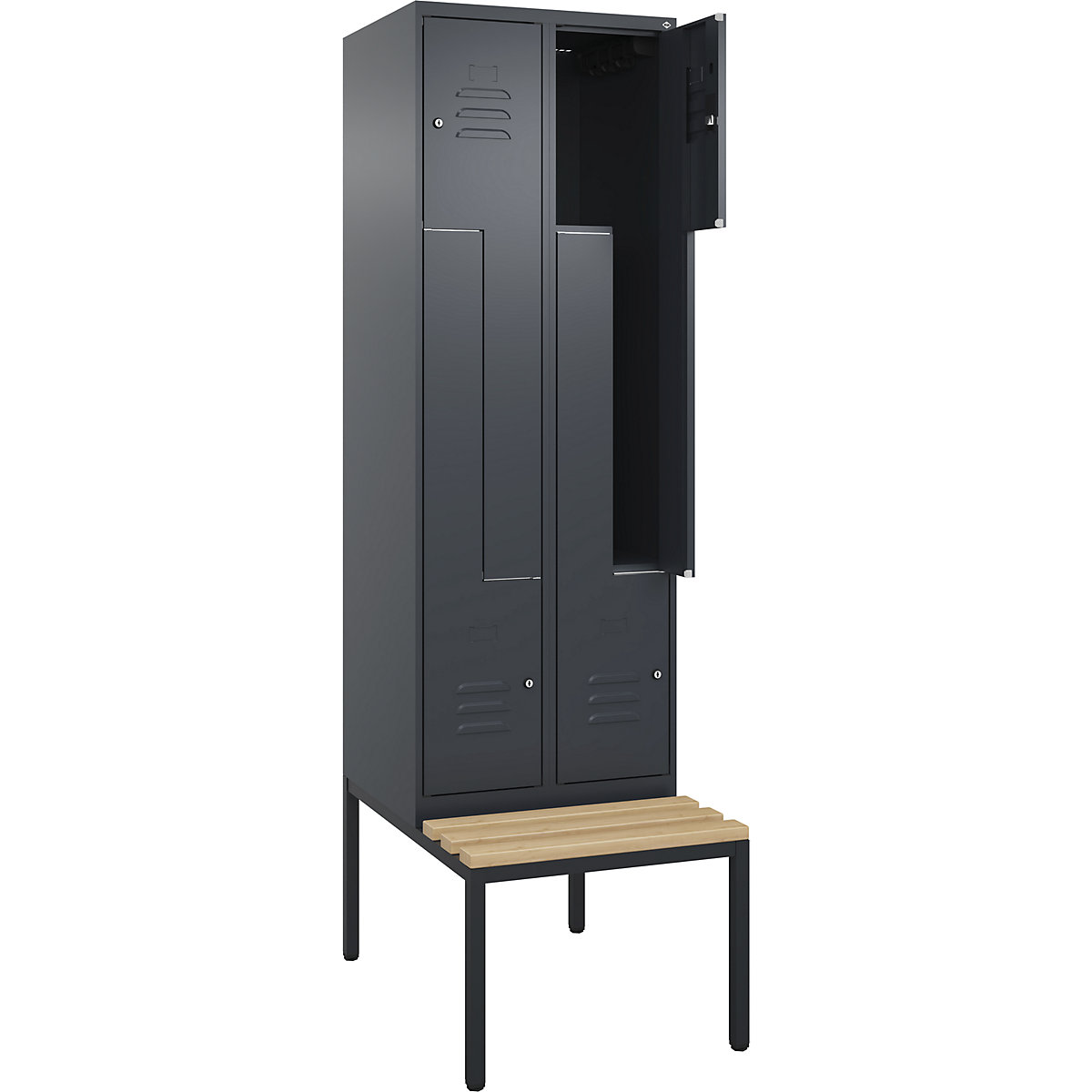 Armadietto a Z Classic PLUS con panca – C+P, 2 scomparti, grigio, largh. 600 mm, serratura a cilindro, panca integrata, legno duro di faggio-0