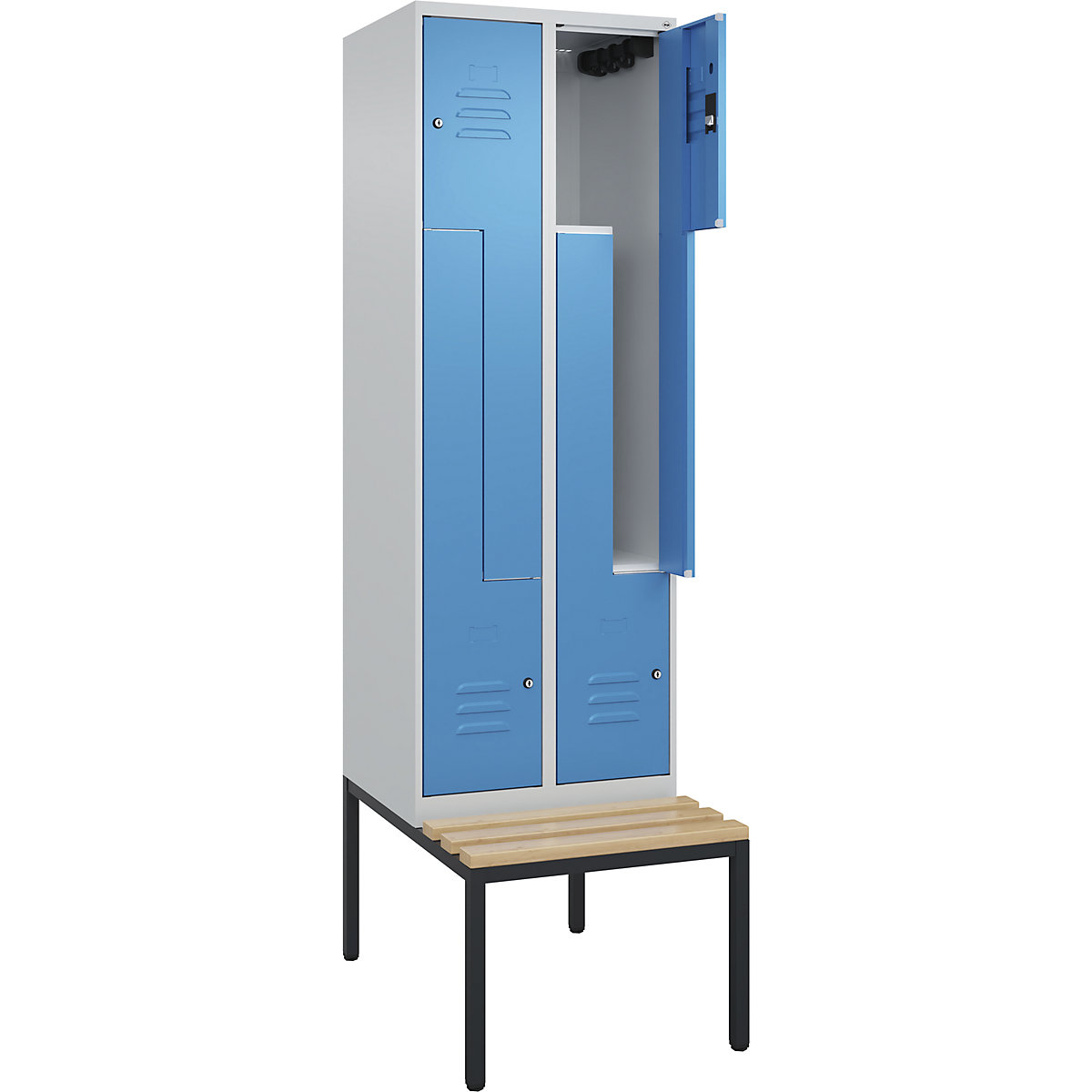Armadietto a Z Classic PLUS con panca – C+P, 2 scomparti, grigio chiaro / blu chiaro, largh. 600 mm, serratura a cilindro, panca integrata, legno duro di faggio-0