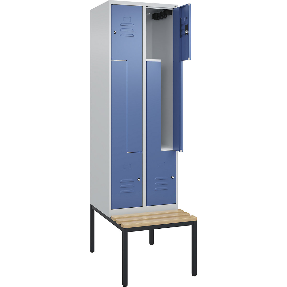 Armadietto a Z Classic PLUS con panca – C+P, 2 scomparti, grigio chiaro / indaco, largh. 600 mm, serratura a cilindro, panca integrata, legno duro di faggio-0
