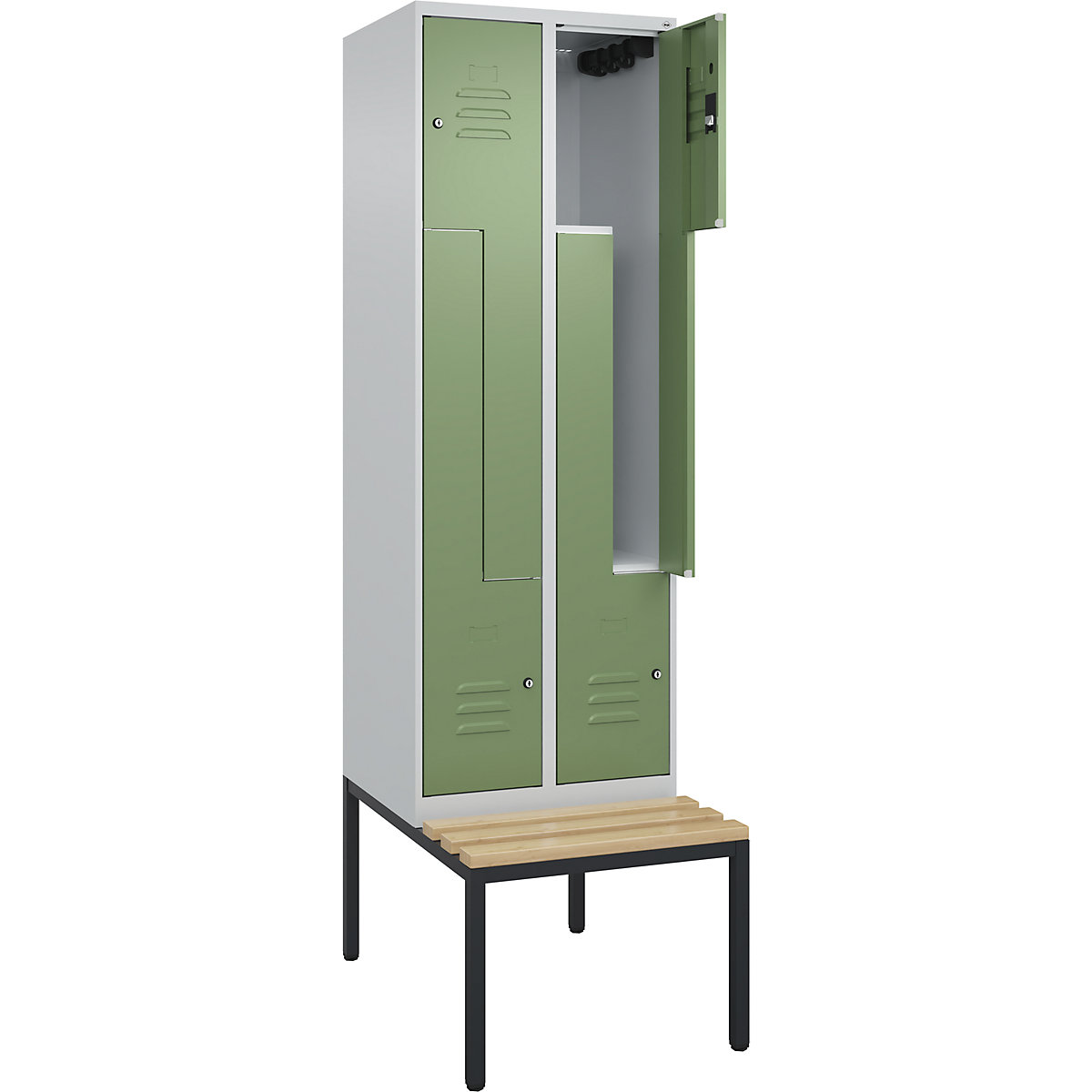 Armadietto a Z Classic PLUS con panca – C+P, 2 scomparti, grigio chiaro / verde reseda, largh. 600 mm, serratura a cilindro, panca integrata, legno duro di faggio-0