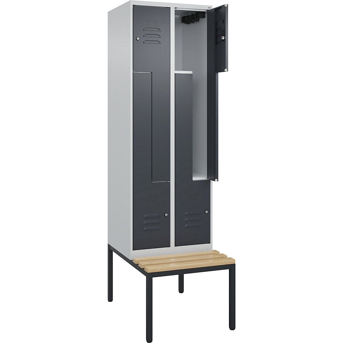 Armadietto a Z Classic PLUS con panca – C+P, 2 scomparti, grigio chiaro / grigio, largh. 600 mm, serratura a cilindro, panca integrata, legno duro di faggio-0