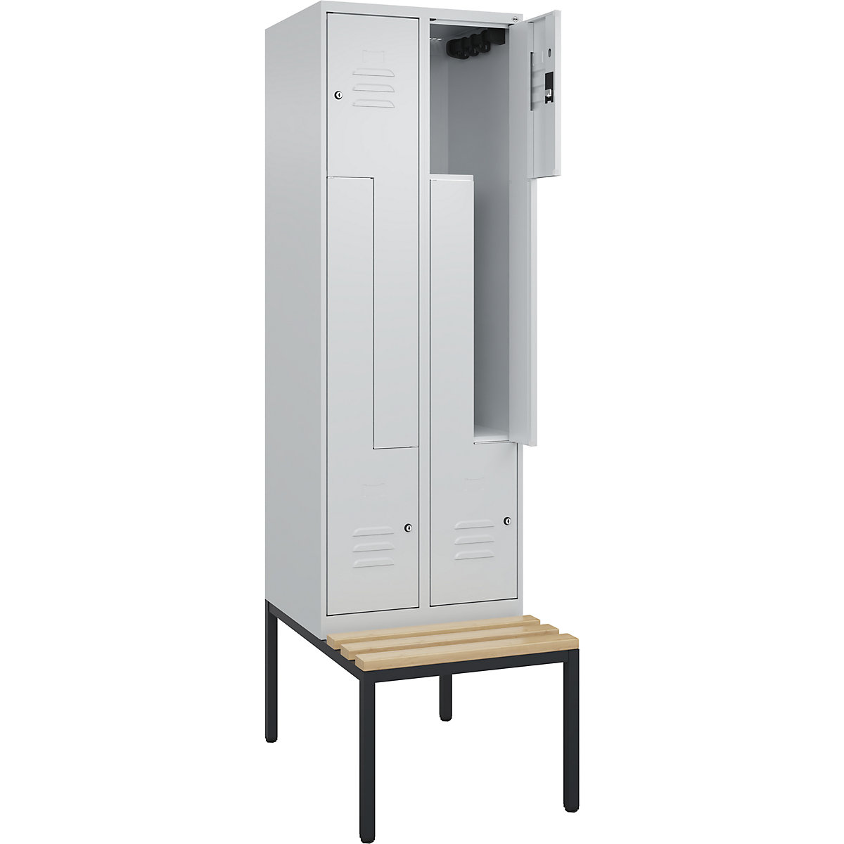 Armadietto a Z Classic PLUS con panca – C+P, 2 scomparti, grigio chiaro, largh. 600 mm, serratura a cilindro, panca integrata, legno duro di faggio-0