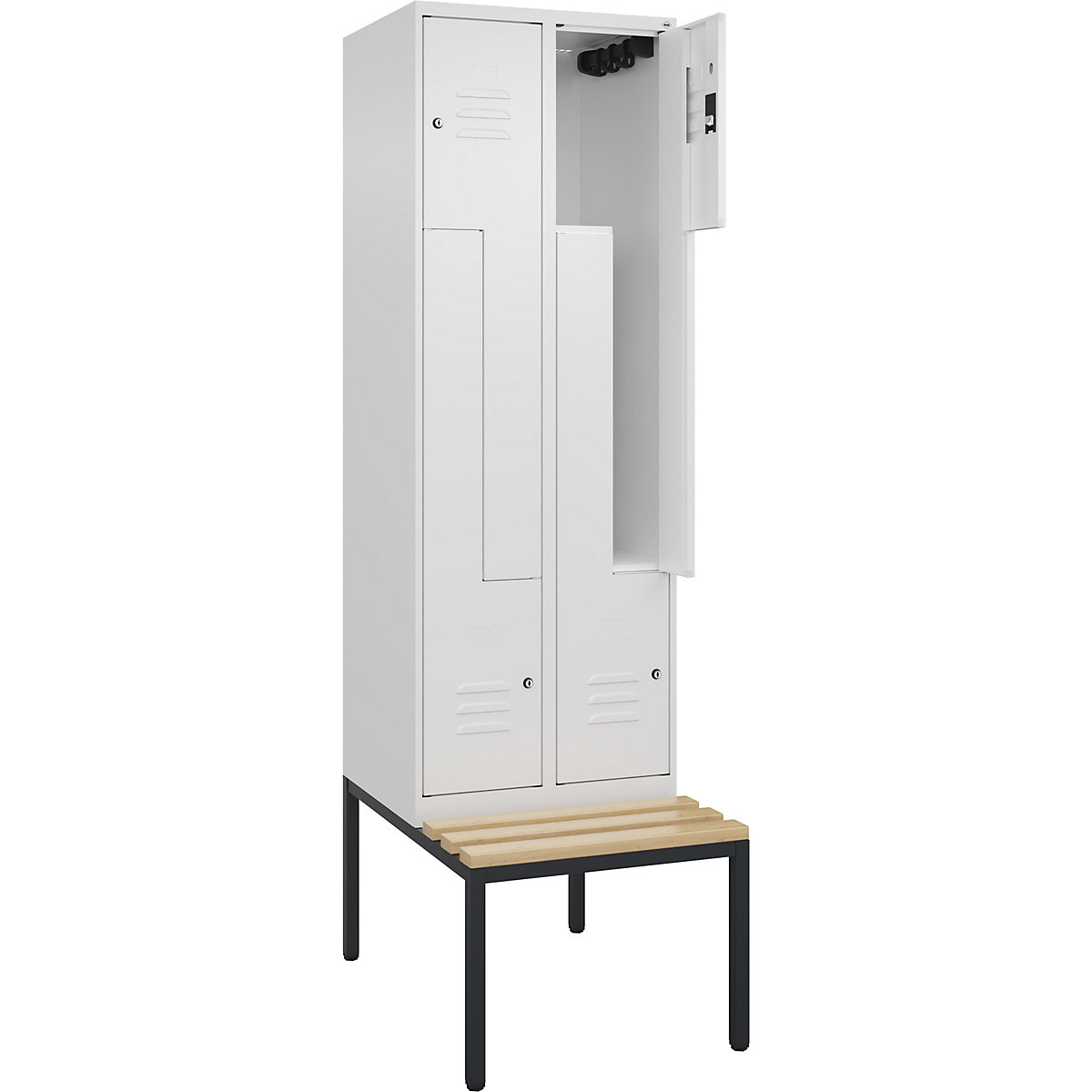 Armadietto a Z Classic PLUS con panca – C+P, 2 scomparti, bianco traffico, largh. 600 mm, serratura a cilindro, panca integrata, legno duro di faggio-0