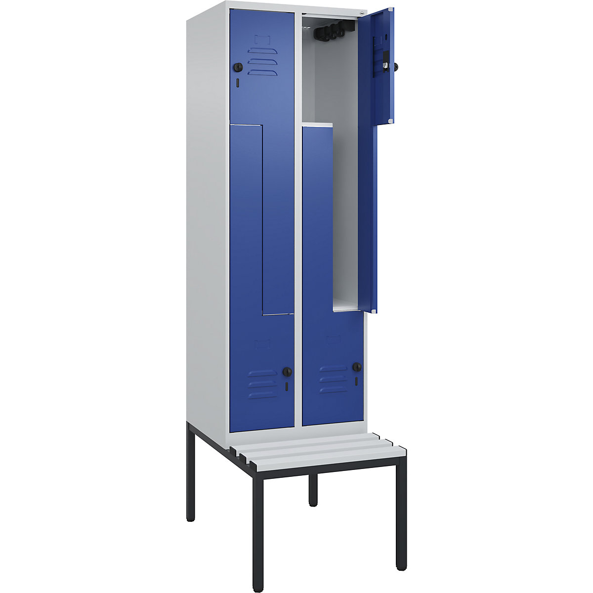 Armadietto a Z Classic PLUS con panca – C+P, 2 scomparti, grigio chiaro / blu genziana, largh. 600 mm, serratura girevole di sicurezza, panca integrata, plastica-0