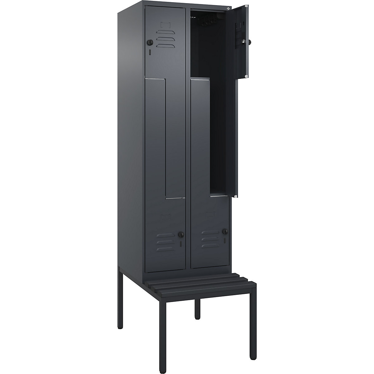 Armadietto a Z Classic PLUS con panca – C+P, 2 scomparti, grigio, largh. 600 mm, serratura girevole di sicurezza, panca integrata, plastica-0