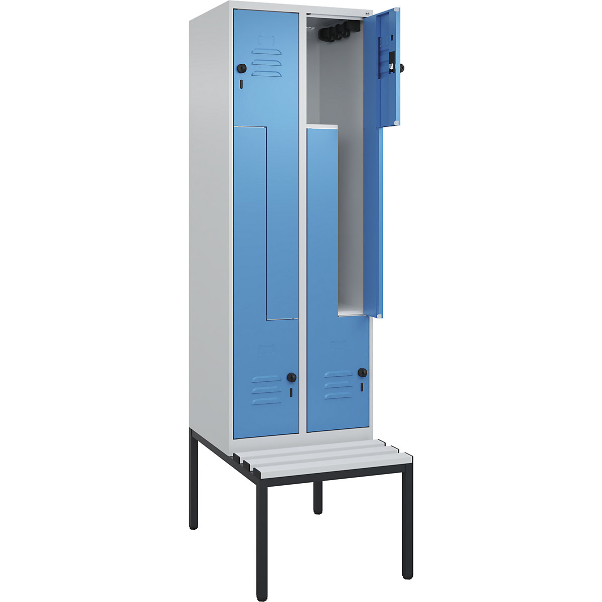 Armadietto a Z Classic PLUS con panca – C+P, 2 scomparti, grigio chiaro / blu chiaro, largh. 600 mm, serratura girevole di sicurezza, panca integrata, plastica-0