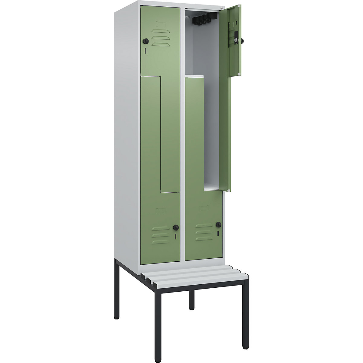 Armadietto a Z Classic PLUS con panca – C+P, 2 scomparti, grigio chiaro / verde reseda, largh. 600 mm, serratura girevole di sicurezza, panca integrata, plastica-0