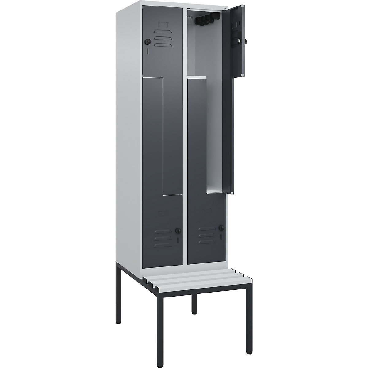 Armadietto a Z Classic PLUS con panca – C+P, 2 scomparti, grigio chiaro / grigio, largh. 600 mm, serratura girevole di sicurezza, panca integrata, plastica-0