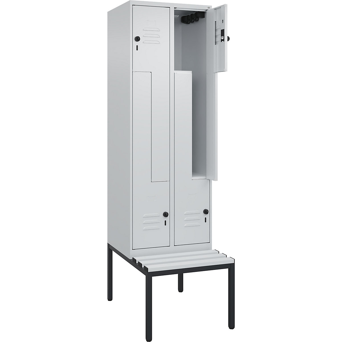 Armadietto a Z Classic PLUS con panca – C+P, 2 scomparti, grigio chiaro, largh. 600 mm, serratura girevole di sicurezza, panca integrata, plastica-0