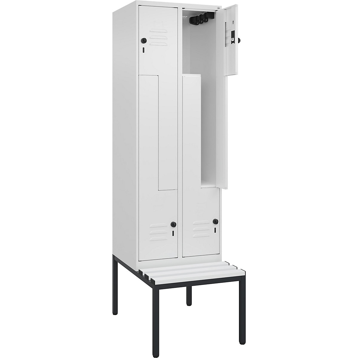Armadietto a Z Classic PLUS con panca – C+P, 2 scomparti, bianco traffico, largh. 600 mm, serratura girevole di sicurezza, panca integrata, plastica-0