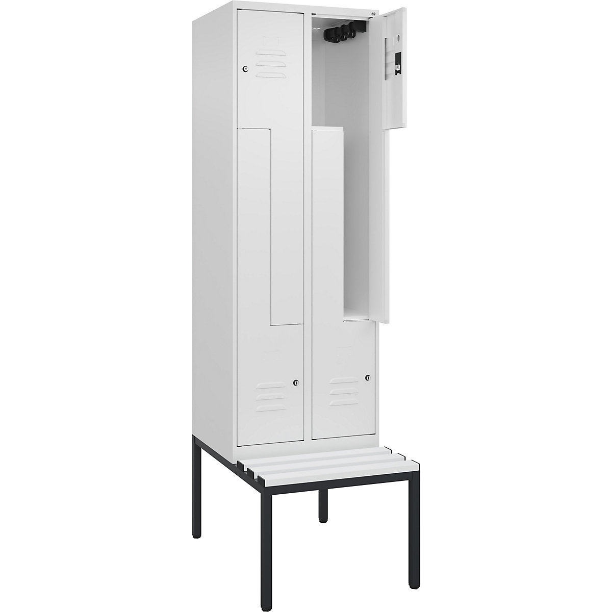 Armadietto a Z Classic PLUS con panca – C+P, 2 scomparti, bianco traffico, largh. 600 mm, serratura a cilindro, panca integrata, plastica-0