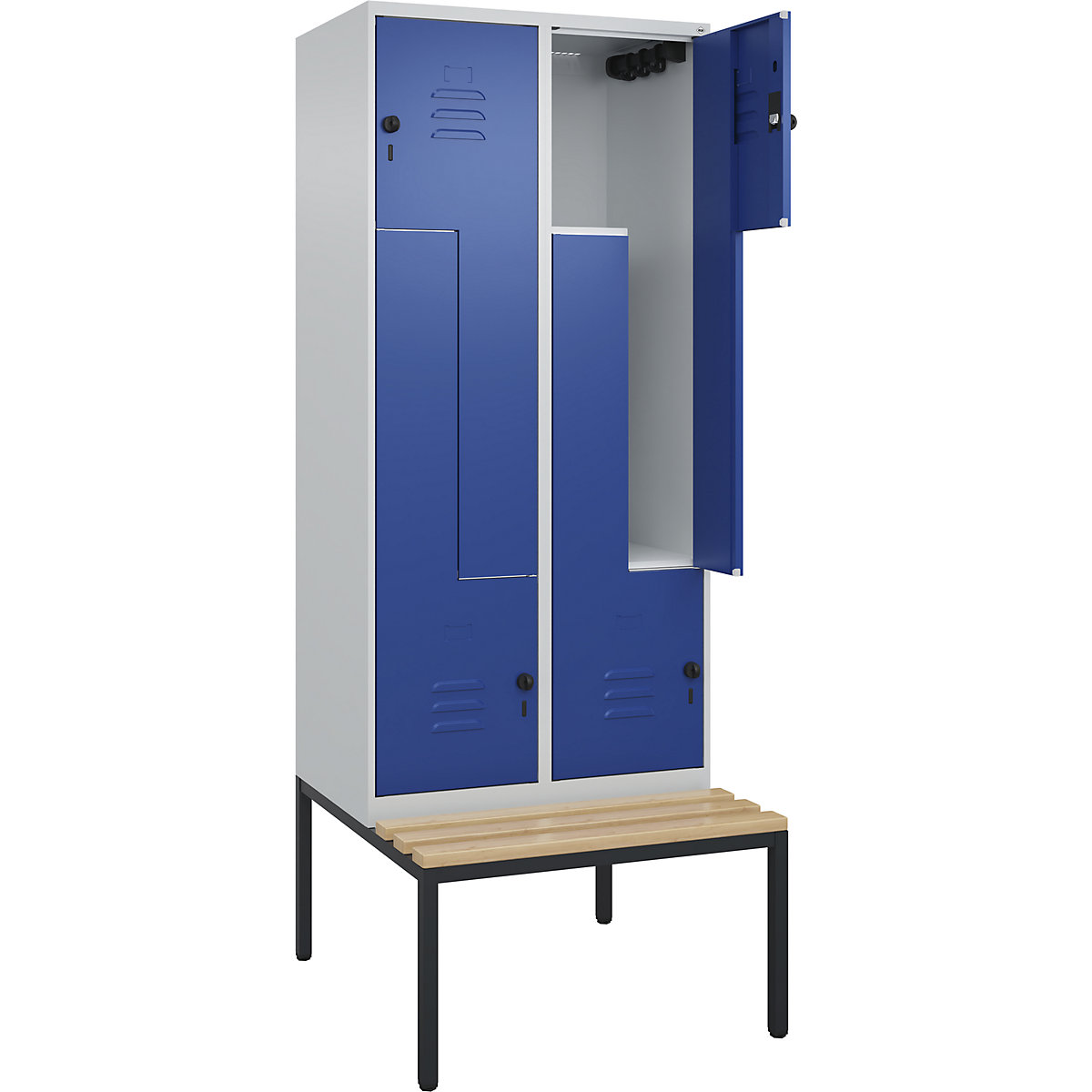 Armadietto a Z Classic PLUS con panca – C+P, 2 scomparti, grigio chiaro / blu genziana, largh. 800 mm, serratura girevole di sicurezza, panca integrata, legno duro di faggio-0