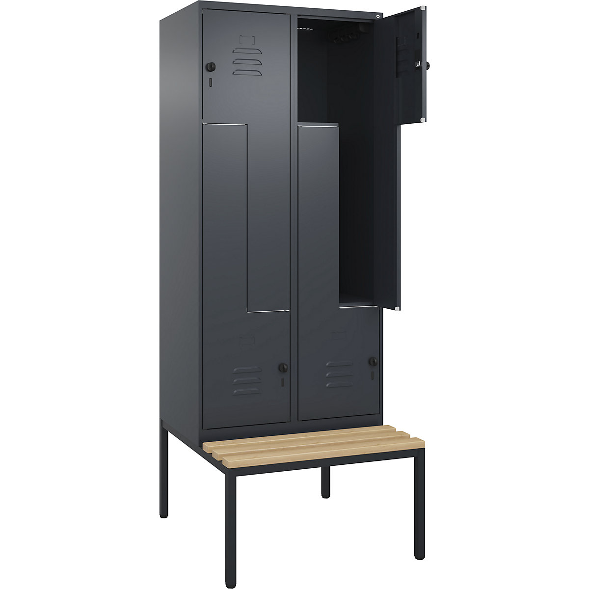 Armadietto a Z Classic PLUS con panca – C+P, 2 scomparti, grigio, largh. 800 mm, serratura girevole di sicurezza, panca integrata, legno duro di faggio-0