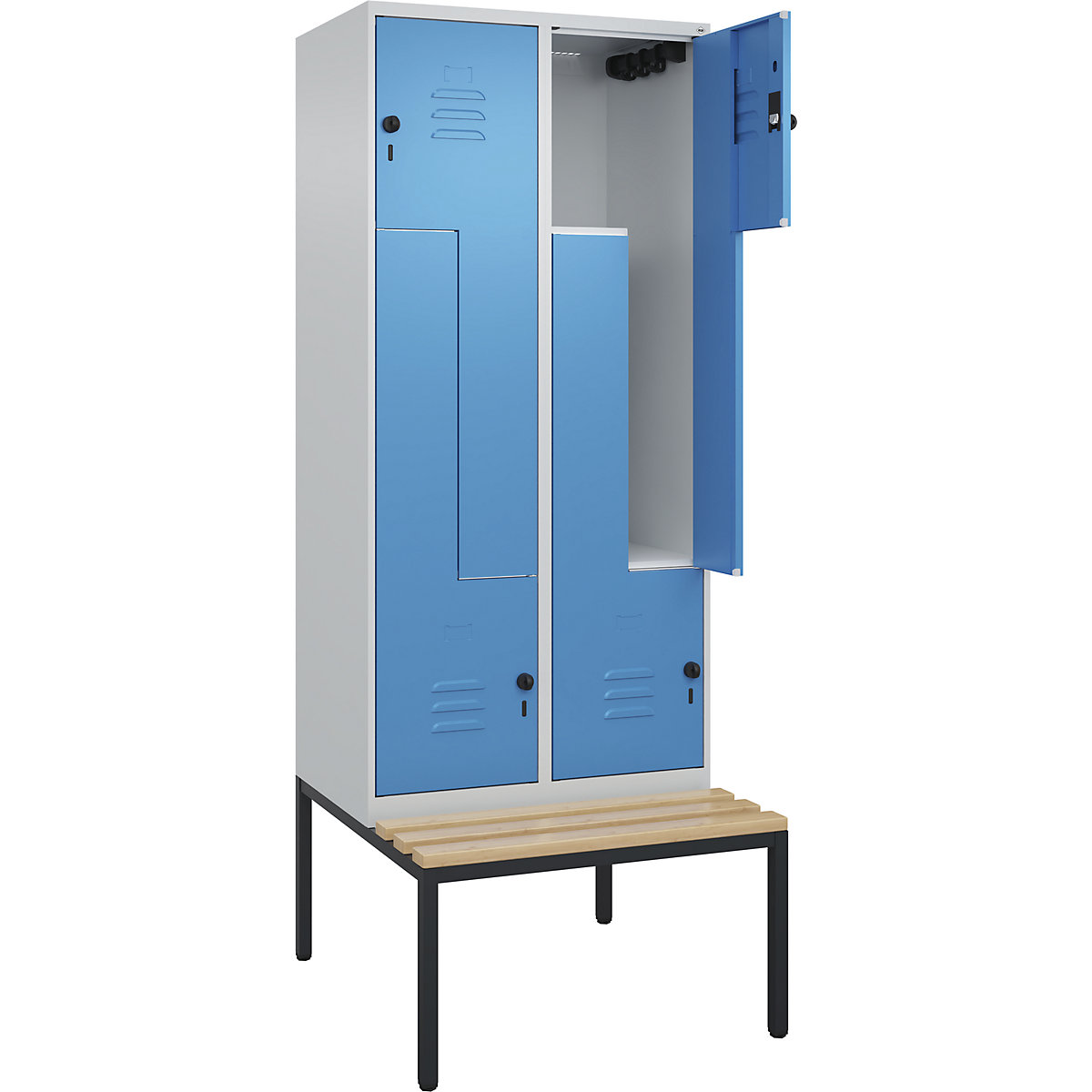 Armadietto a Z Classic PLUS con panca – C+P, 2 scomparti, grigio chiaro / blu chiaro, largh. 800 mm, serratura girevole di sicurezza, panca integrata, legno duro di faggio-0