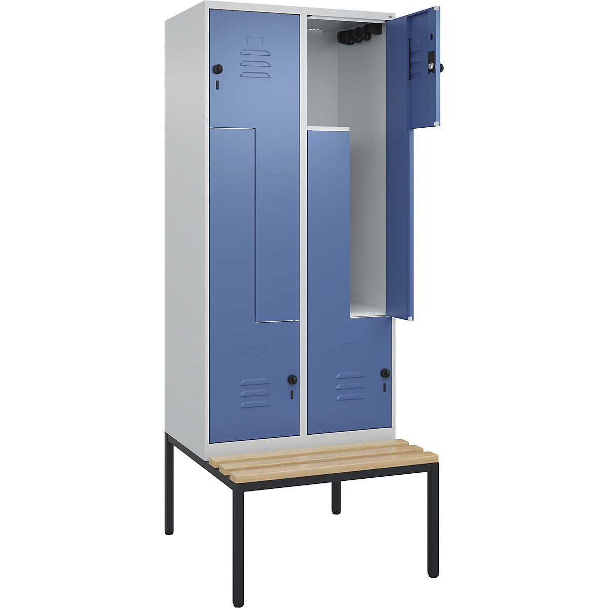 Armadietto a Z Classic PLUS con panca – C+P, 2 scomparti, grigio chiaro / indaco, largh. 800 mm, serratura girevole di sicurezza, panca integrata, legno duro di faggio-0