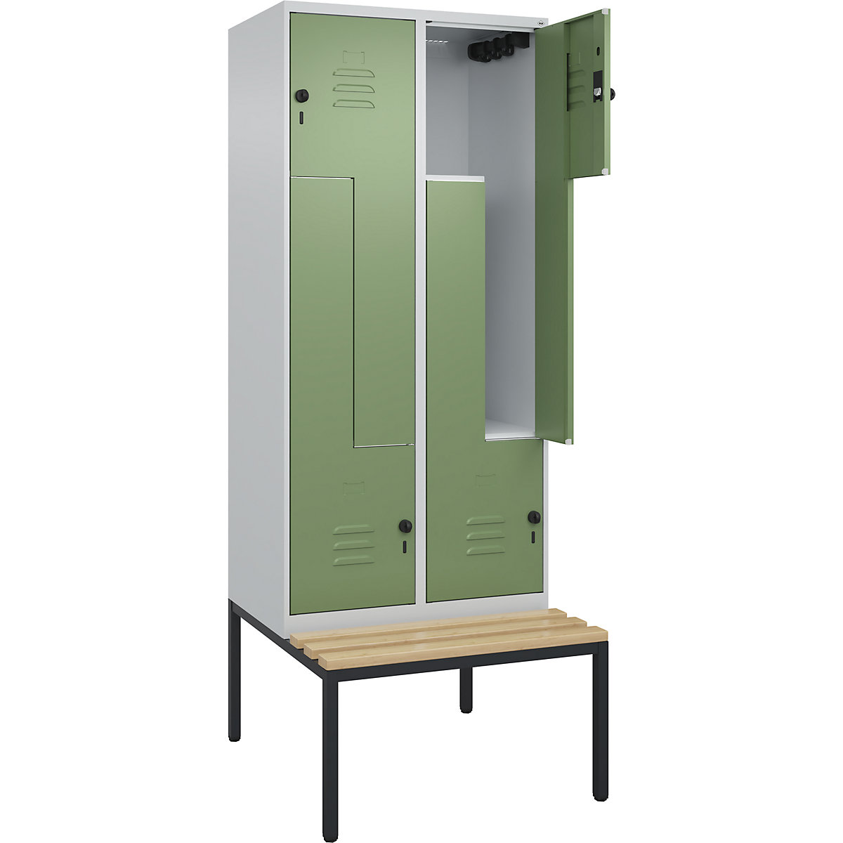 Armadietto a Z Classic PLUS con panca – C+P, 2 scomparti, grigio chiaro / verde reseda, largh. 800 mm, serratura girevole di sicurezza, panca integrata, legno duro di faggio-0