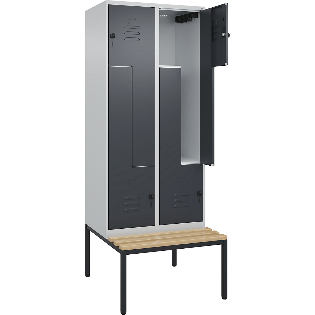 Armadietto a Z Classic PLUS con panca – C+P, 2 scomparti, grigio chiaro / grigio, largh. 800 mm, serratura girevole di sicurezza, panca integrata, legno duro di faggio-0
