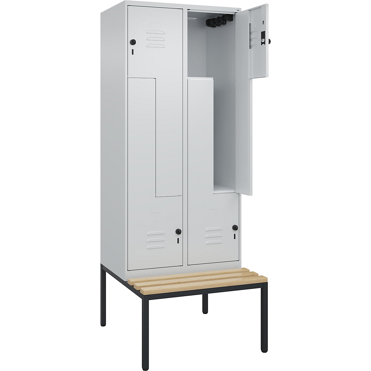Armadietto a Z Classic PLUS con panca – C+P, 2 scomparti, grigio chiaro, largh. 800 mm, serratura girevole di sicurezza, panca integrata, legno duro di faggio-0