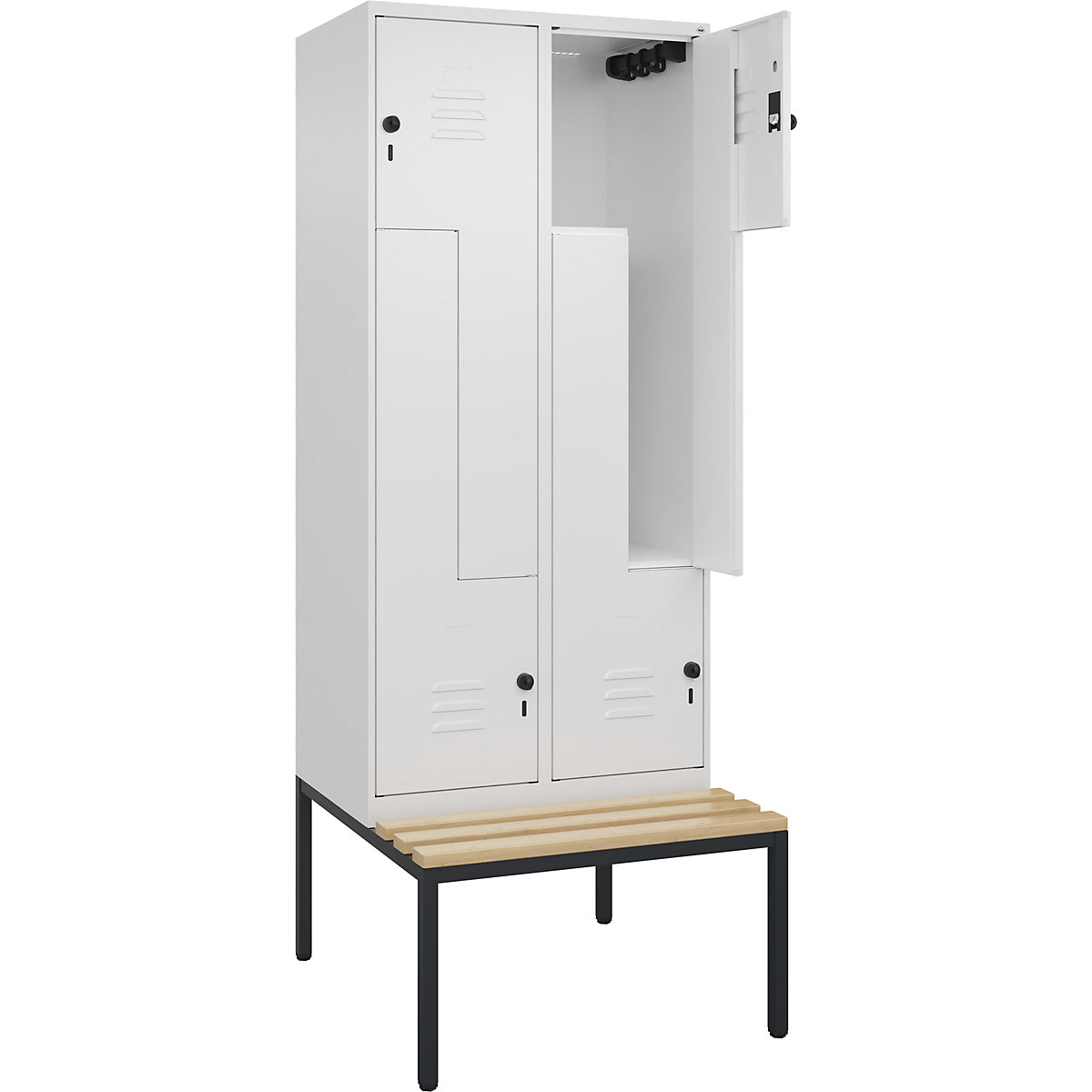 Armadietto a Z Classic PLUS con panca – C+P, 2 scomparti, bianco traffico, largh. 800 mm, serratura girevole di sicurezza, panca integrata, legno duro di faggio-0