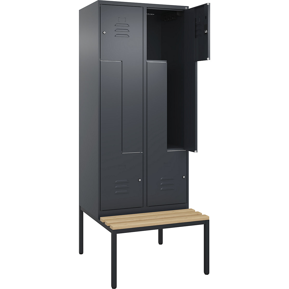 Armadietto a Z Classic PLUS con panca – C+P, 2 scomparti, grigio, largh. 800 mm, serratura a cilindro, panca integrata, legno duro di faggio-0