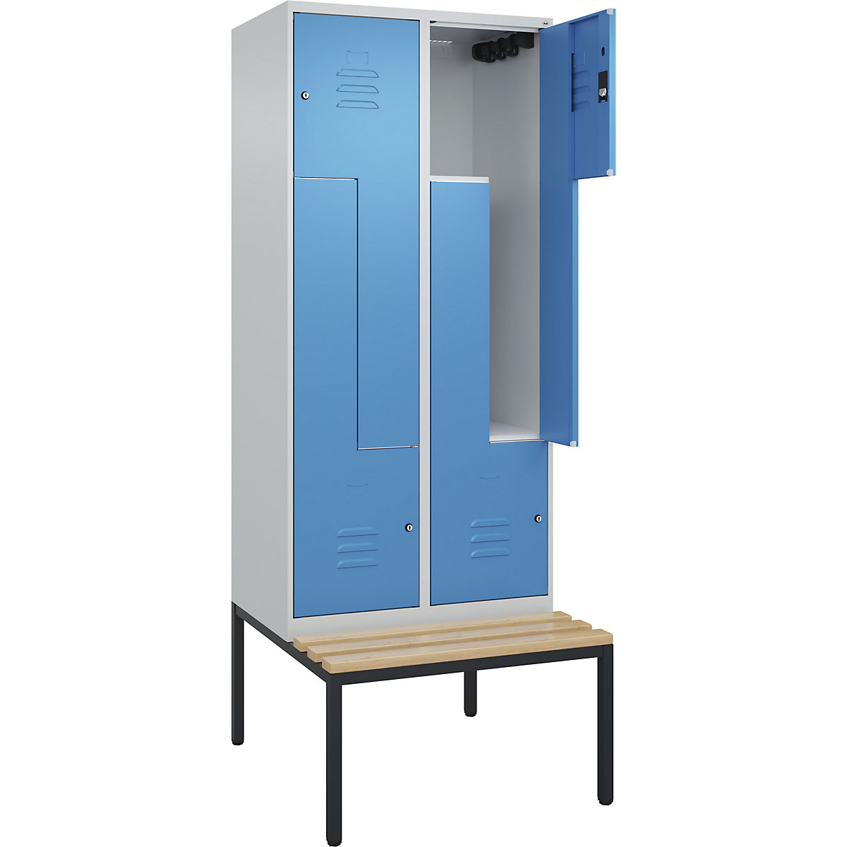 Armadietto a Z Classic PLUS con panca – C+P, 2 scomparti, grigio chiaro / blu chiaro, largh. 800 mm, serratura a cilindro, panca integrata, legno duro di faggio-0