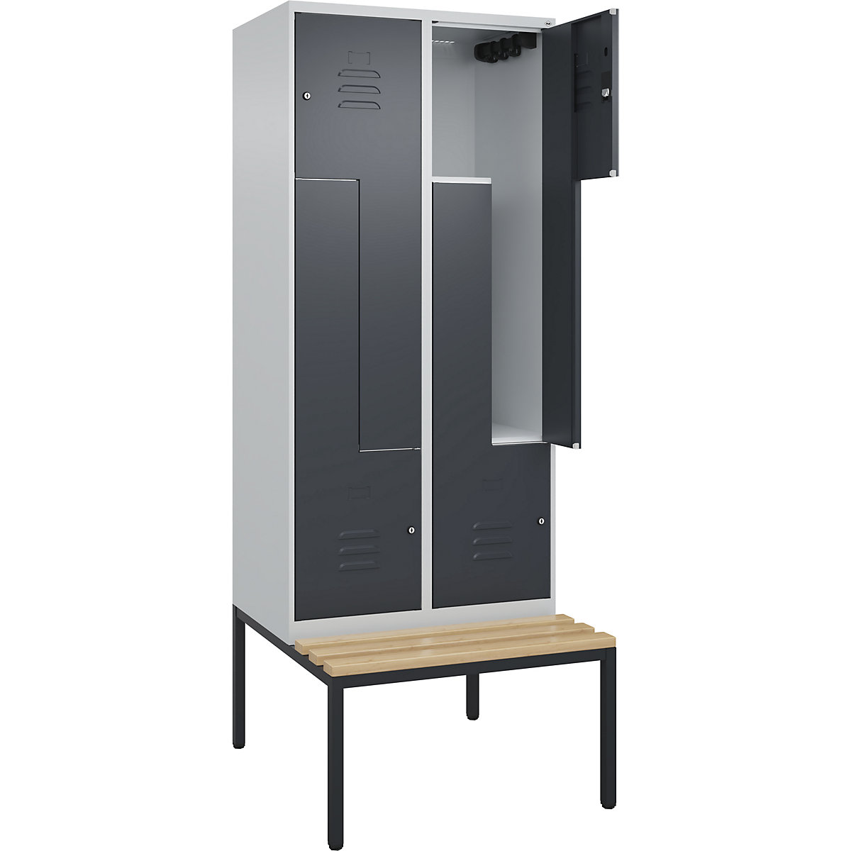 Armadietto a Z Classic PLUS con panca – C+P, 2 scomparti, grigio chiaro / grigio, largh. 800 mm, serratura a cilindro, panca integrata, legno duro di faggio-0