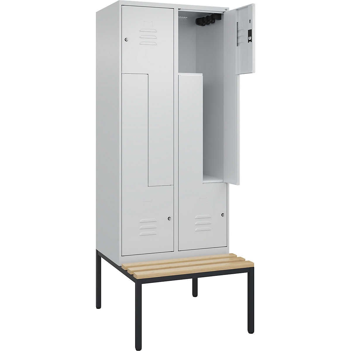 Armadietto a Z Classic PLUS con panca – C+P, 2 scomparti, grigio chiaro, largh. 800 mm, serratura a cilindro, panca integrata, legno duro di faggio-0