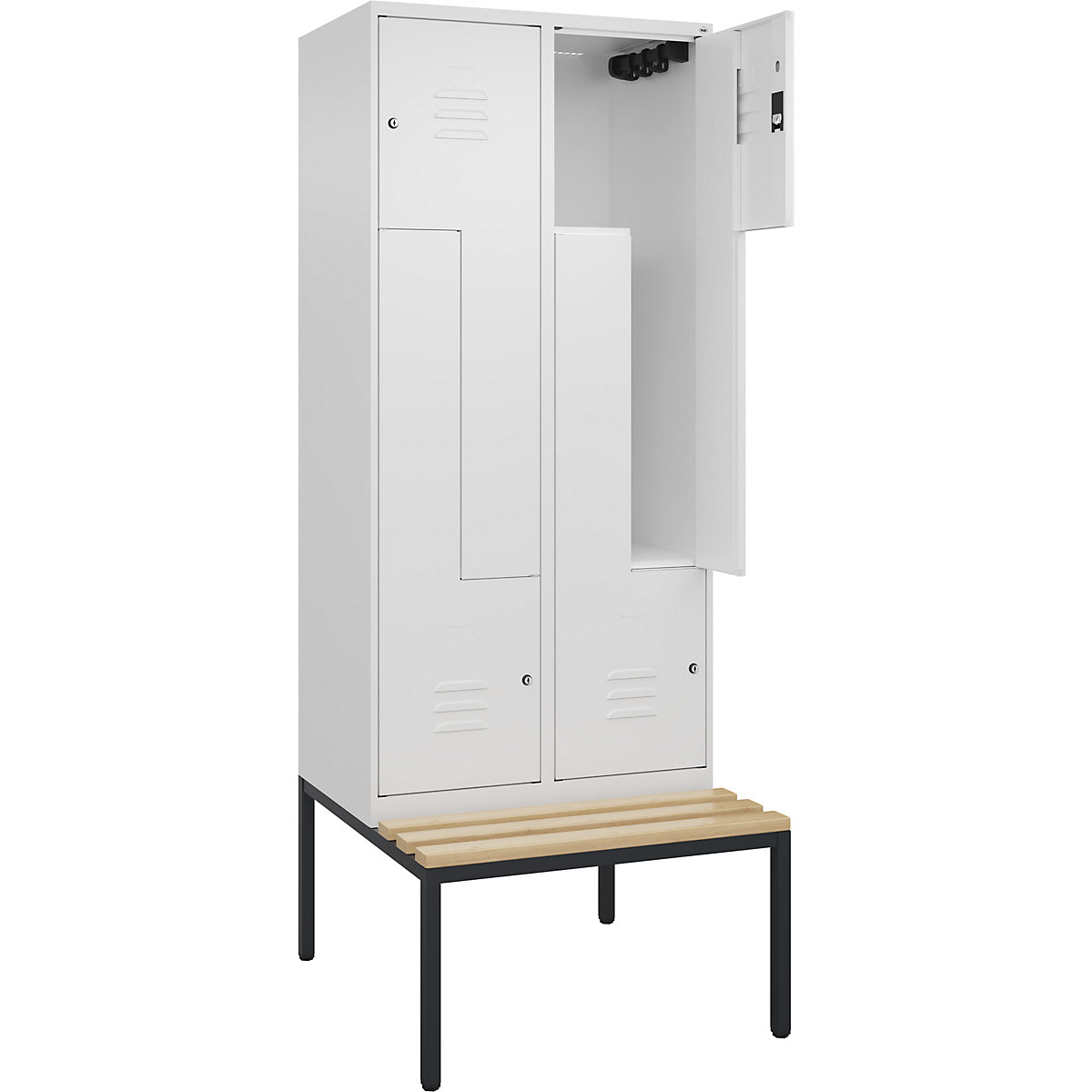 Armadietto a Z Classic PLUS con panca – C+P, 2 scomparti, bianco traffico, largh. 800 mm, serratura a cilindro, panca integrata, legno duro di faggio-0