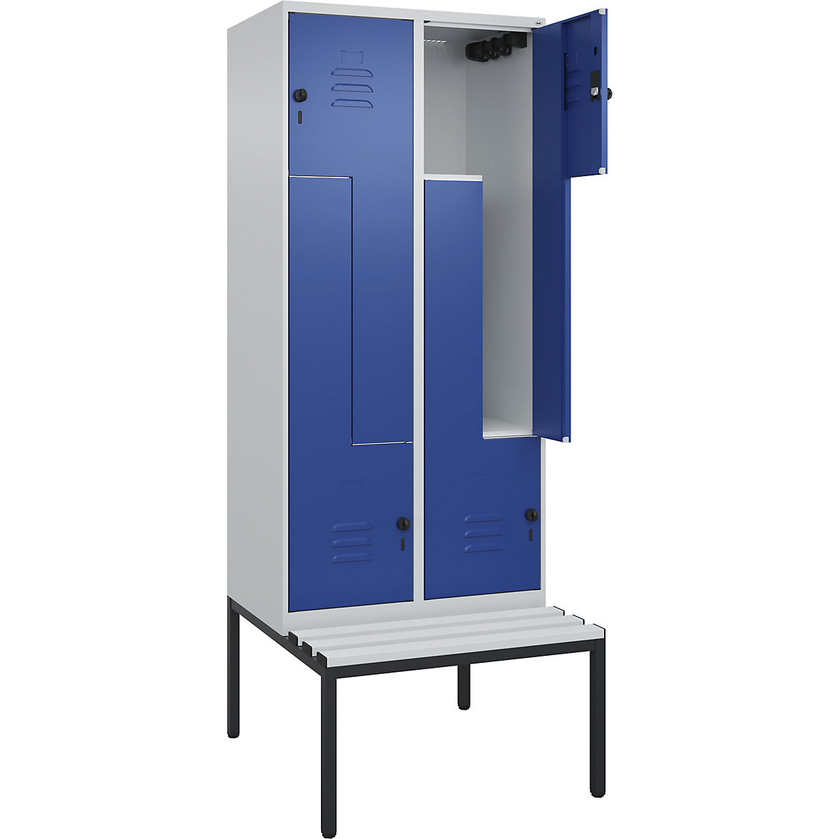 Armadietto a Z Classic PLUS con panca – C+P, 2 scomparti, grigio chiaro / blu genziana, largh. 800 mm, serratura girevole di sicurezza, panca integrata, plastica-0
