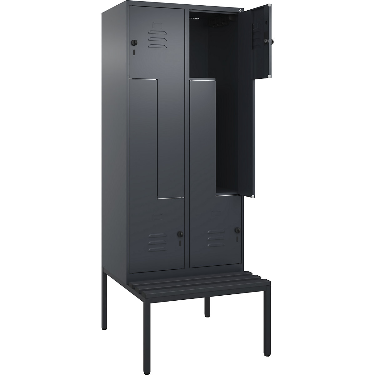 Armadietto a Z Classic PLUS con panca – C+P, 2 scomparti, grigio, largh. 800 mm, serratura girevole di sicurezza, panca integrata, plastica-0