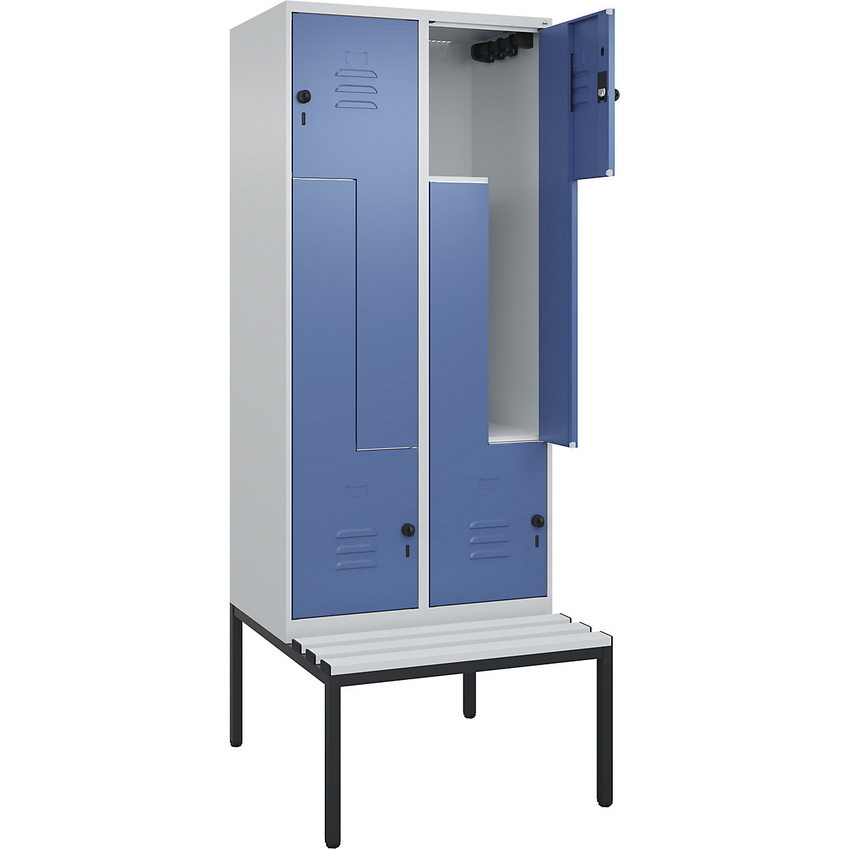 Armadietto a Z Classic PLUS con panca – C+P, 2 scomparti, grigio chiaro / indaco, largh. 800 mm, serratura girevole di sicurezza, panca integrata, plastica-0