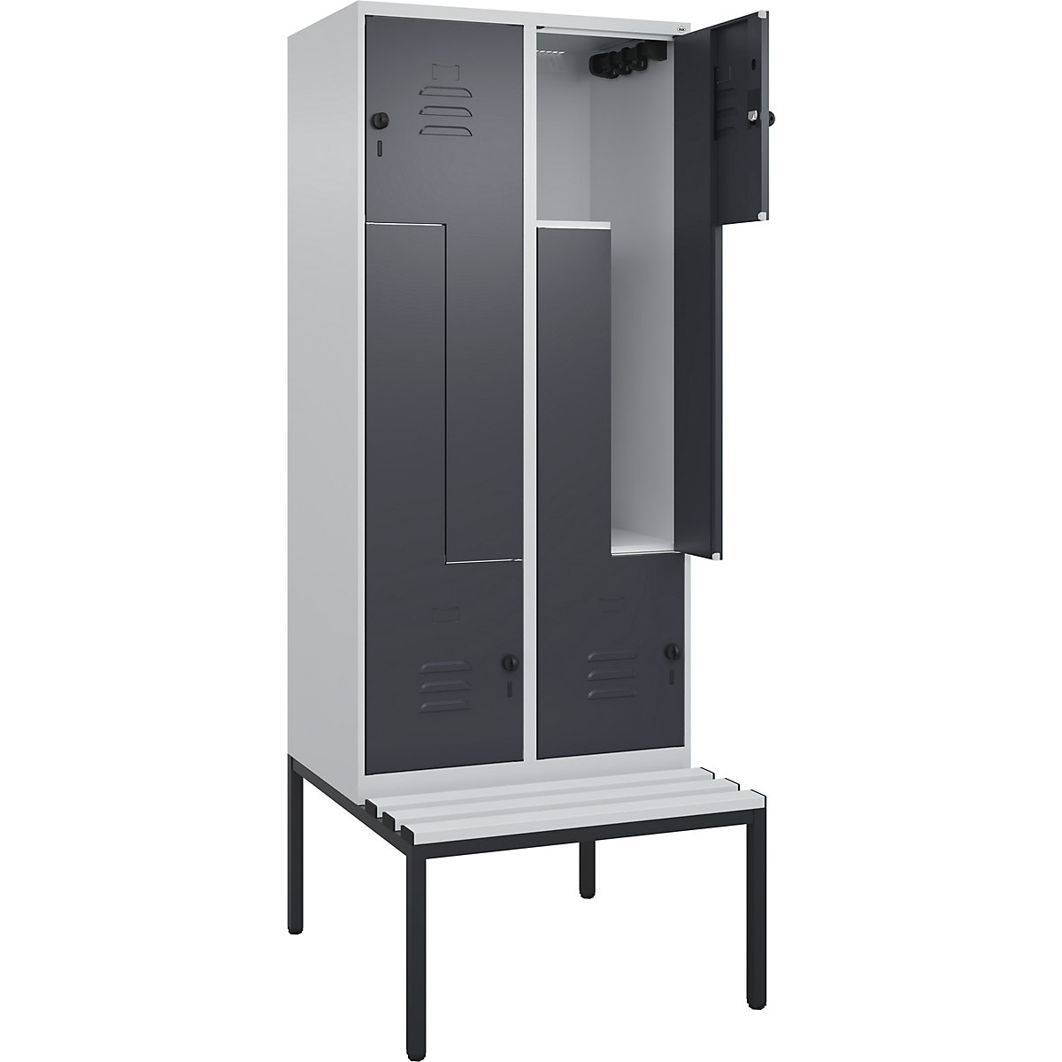 Armadietto a Z Classic PLUS con panca – C+P, 2 scomparti, grigio chiaro / grigio, largh. 800 mm, serratura girevole di sicurezza, panca integrata, plastica-0