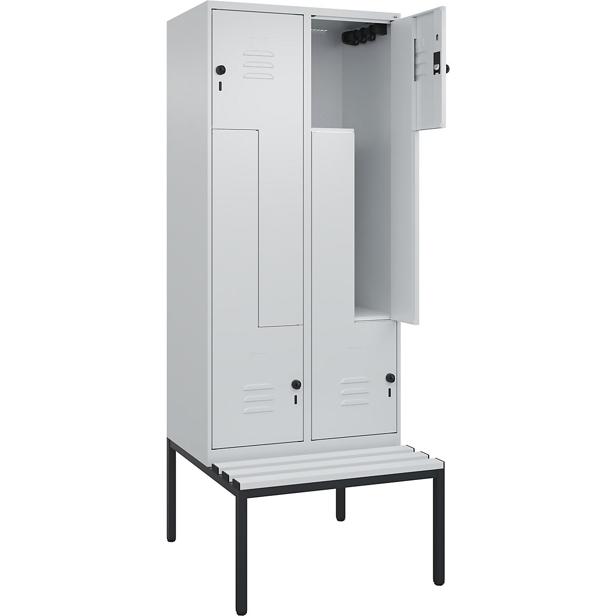 Armadietto a Z Classic PLUS con panca – C+P, 2 scomparti, grigio chiaro, largh. 800 mm, serratura girevole di sicurezza, panca integrata, plastica-0