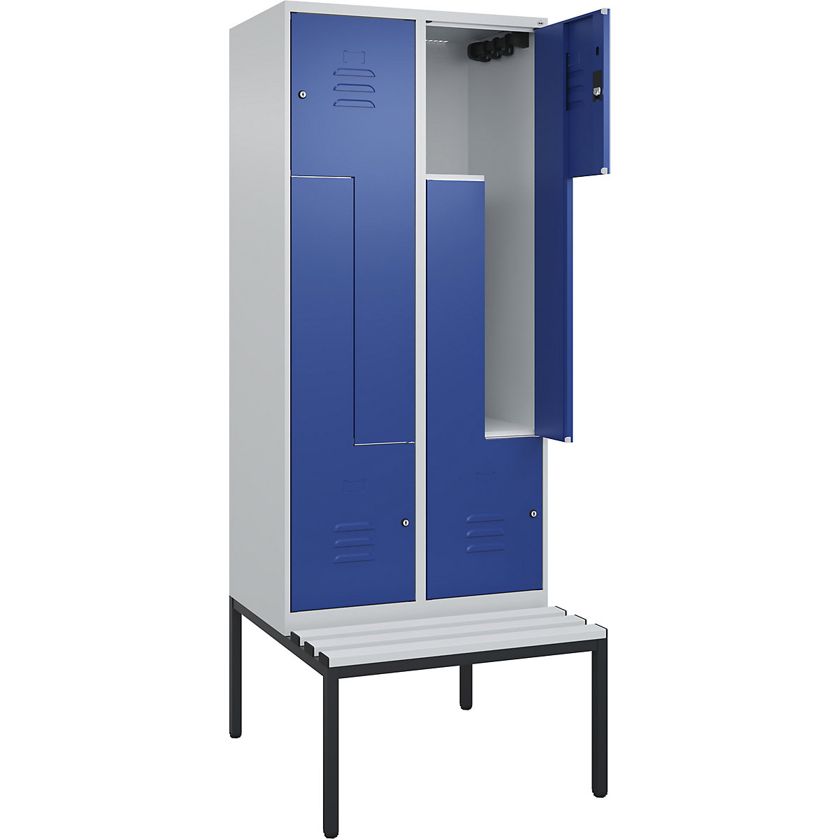 Armadietto a Z Classic PLUS con panca – C+P, 2 scomparti, grigio chiaro / blu genziana, largh. 800 mm, serratura a cilindro, panca integrata, plastica-0