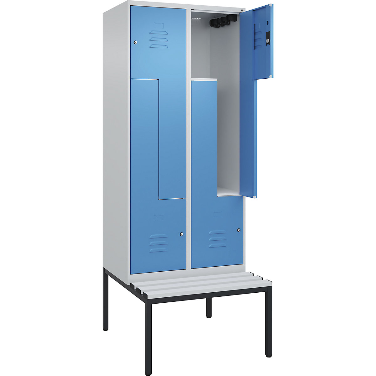 Armadietto a Z Classic PLUS con panca – C+P, 2 scomparti, grigio chiaro / blu chiaro, largh. 800 mm, serratura a cilindro, panca integrata, plastica-0