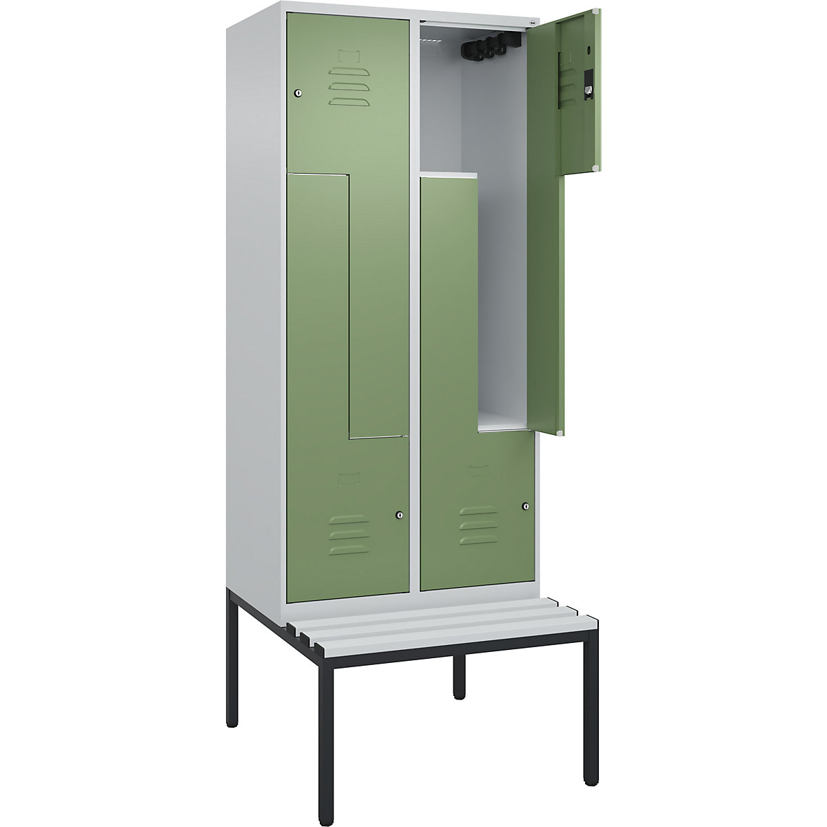 Armadietto a Z Classic PLUS con panca – C+P, 2 scomparti, grigio chiaro / verde reseda, largh. 800 mm, serratura a cilindro, panca integrata, plastica-0