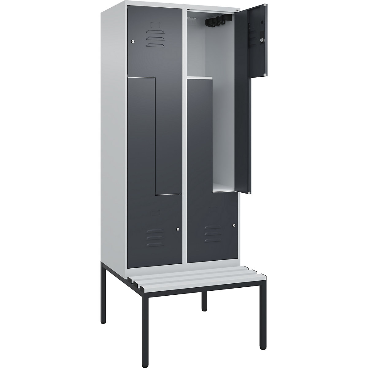 Armadietto a Z Classic PLUS con panca – C+P, 2 scomparti, grigio chiaro / grigio, largh. 800 mm, serratura a cilindro, panca integrata, plastica-0