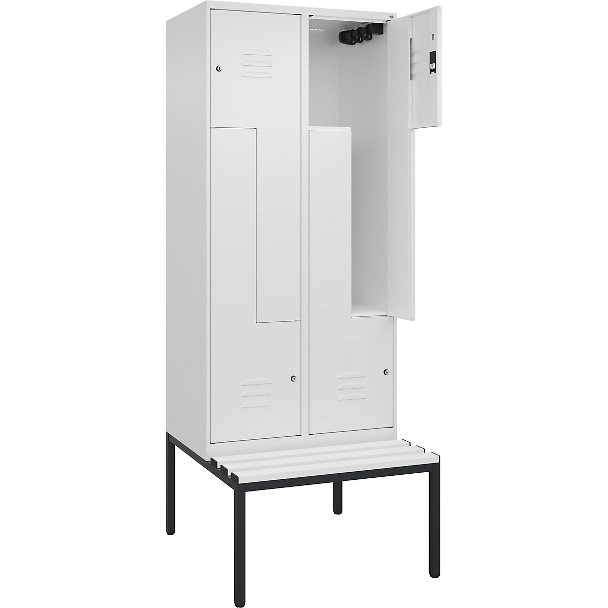 Armadietto a Z Classic PLUS con panca – C+P, 2 scomparti, bianco traffico, largh. 800 mm, serratura a cilindro, panca integrata, plastica-0