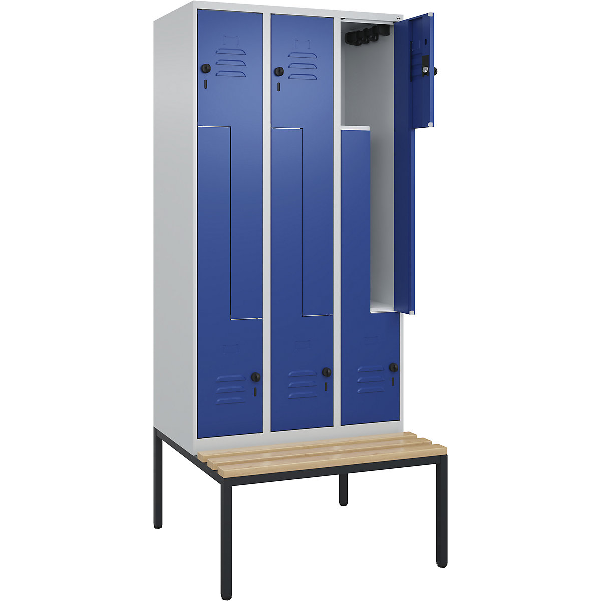 Armadietto a Z Classic PLUS con panca – C+P, 3 scomparti, grigio chiaro / blu genziana, largh. 900 mm, serratura girevole di sicurezza, panca integrata, legno duro di faggio-0