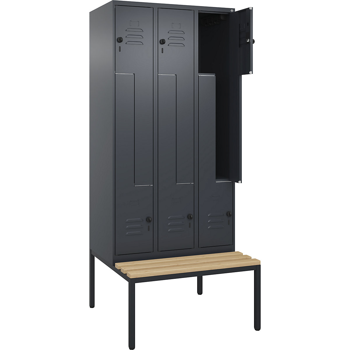 Armadietto a Z Classic PLUS con panca – C+P, 3 scomparti, grigio, largh. 900 mm, serratura girevole di sicurezza, panca integrata, legno duro di faggio-0