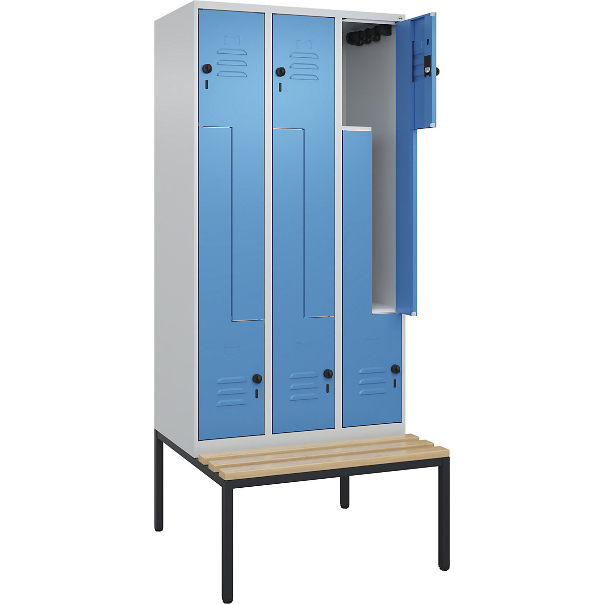 Armadietto a Z Classic PLUS con panca – C+P, 3 scomparti, grigio chiaro / blu chiaro, largh. 900 mm, serratura girevole di sicurezza, panca integrata, legno duro di faggio-0